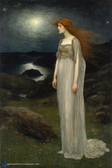 00122-1735808177-John Albert Bauer Style - Edward Robert Hughes jw Waterhouse midsummer eve Miranda the tempest starry night Shakespearian landsc.png